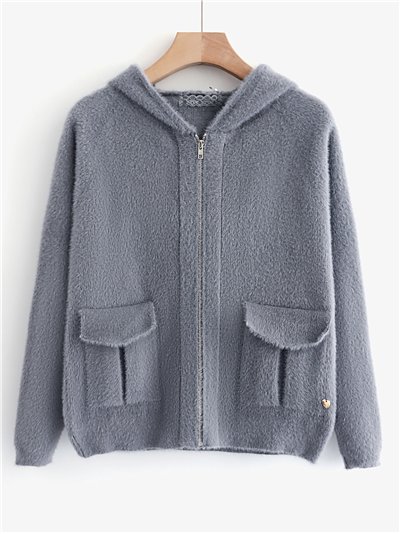 Chaqueta de punto pelo con capucha y bolsillos