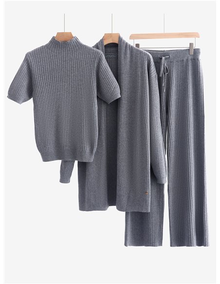 Conjunto de canalé tres piezas - Cárdigan canalé + Jersey + Pantalón 
