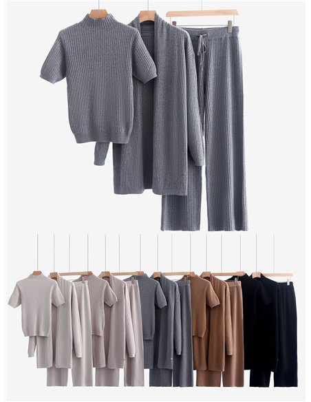 Conjunto de canalé tres piezas - Cárdigan canalé + Jersey + Pantalón 