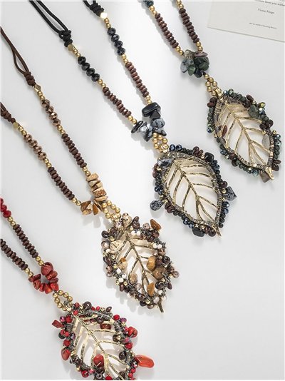 Collar largo cuerda colgante hoja 2