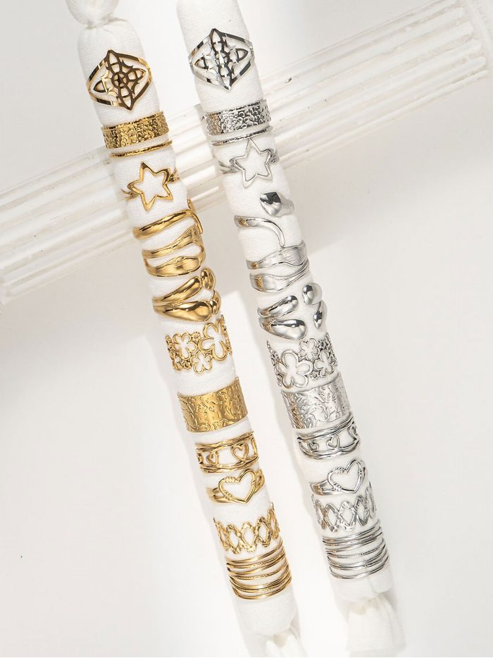 Conjunto de 12 anillos geométricos - Acero inoxidable - Expositor incluido