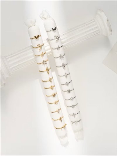 Conjunto de 12 anillos con circonitas - Acero inoxidable - Expositor incluido