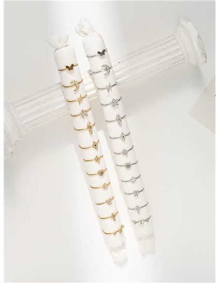 Conjunto de 12 anillos con circonitas - Acero inoxidable - Expositor incluido