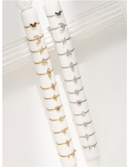 Conjunto de 12 anillos con circonitas - Acero inoxidable - Expositor incluido