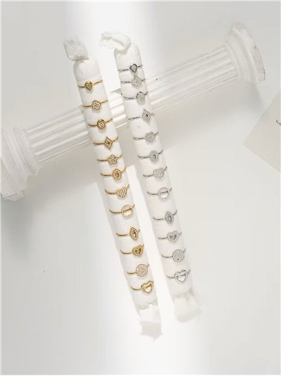 Conjunto de 12 anillos con circonitas - Acero inoxidable - Expositor incluido