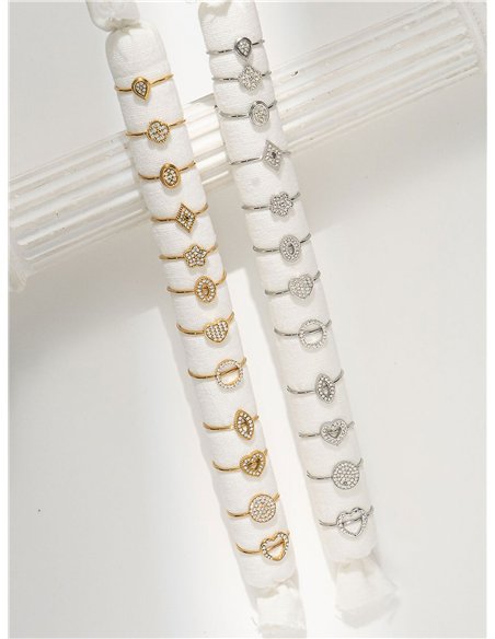 Conjunto de 12 anillos con circonitas - Acero inoxidable - Expositor incluido