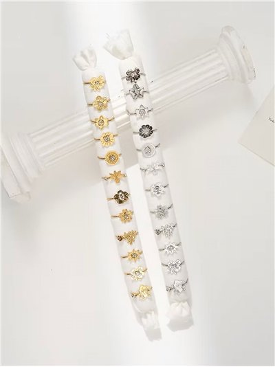 Conjunto de 12 anillos flores con circonitas - Acero inoxidable - Expositor incluido