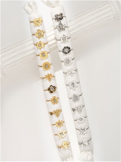 Conjunto de 12 anillos flores con circonitas - Acero inoxidable - Expositor incluido 2