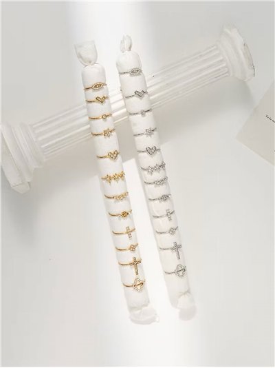 Conjunto de 12 anillos con circonitas - Acero inoxidable - Expositor incluido