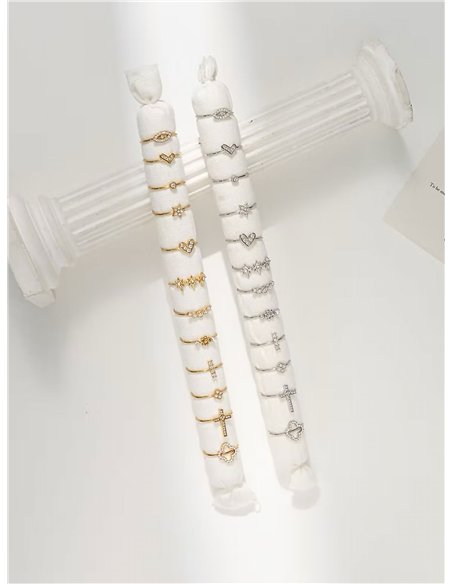 Conjunto de 12 anillos con circonitas - Acero inoxidable - Expositor incluido