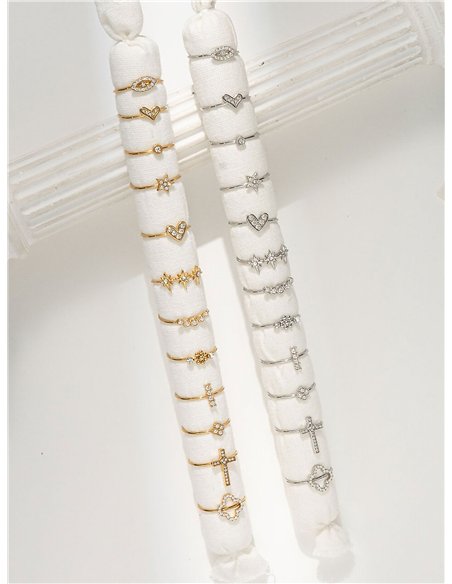 Conjunto de 12 anillos con circonitas - Acero inoxidable - Expositor incluido