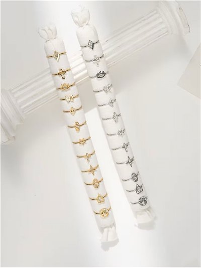 Conjunto de 12 anillos con circonitas - Acero inoxidable - Expositor incluido