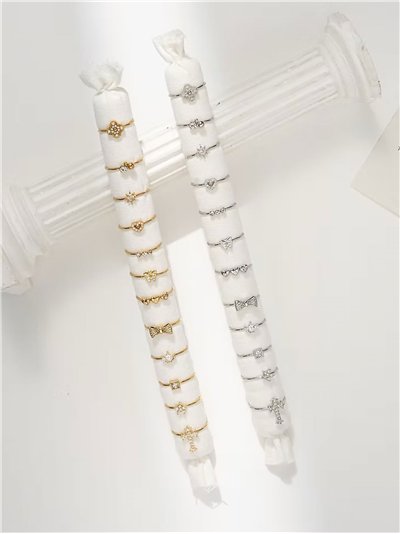 Conjunto de 12 anillos con circonitas - Acero inoxidable - Expositor incluido