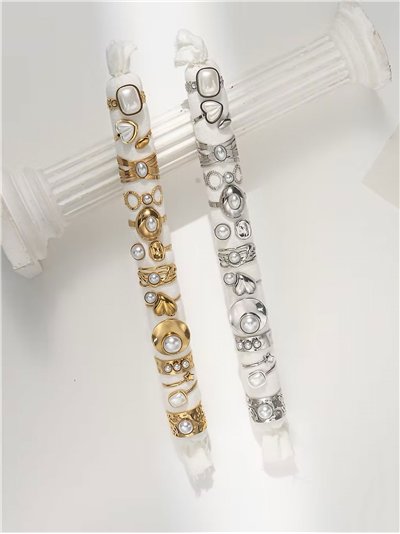 Conjunto de 12 anillos con perlas - Acero inoxidable - Expositor incluido