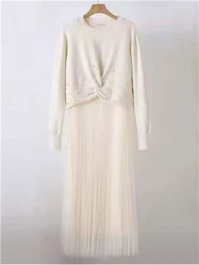 Conjunto punto 2 piezas - Jersey perlas con nudo + Vestido largo tul