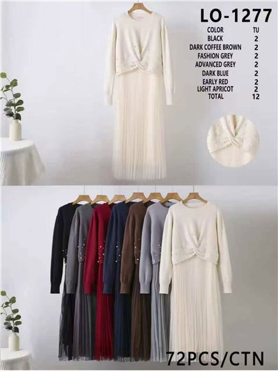 Conjunto punto 2 piezas - Jersey perlas con nudo + Vestido largo tul 2