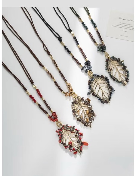 Collar largo cuerda colgante hoja