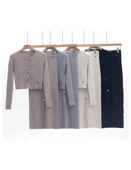 Conjunto cárdigan canalé + Falda midi