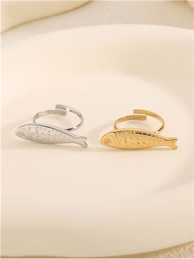 Anillo pez en relieve - Acero inoxidable
