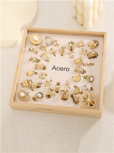 Conjunto 36 anillos efecto piedra - Acero inoxidable - Expositor incluido
