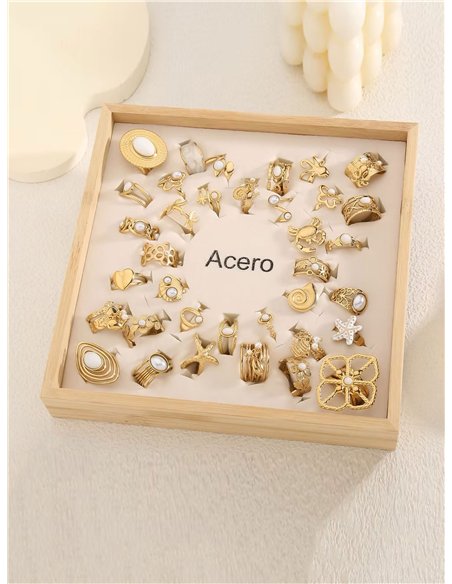 Conjunto 36 anillos efecto piedra - Acero inoxidable - Expositor incluido