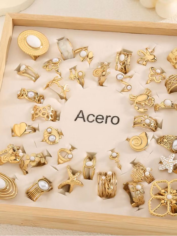 Conjunto 36 anillos efecto piedra - Acero inoxidable - Expositor incluido