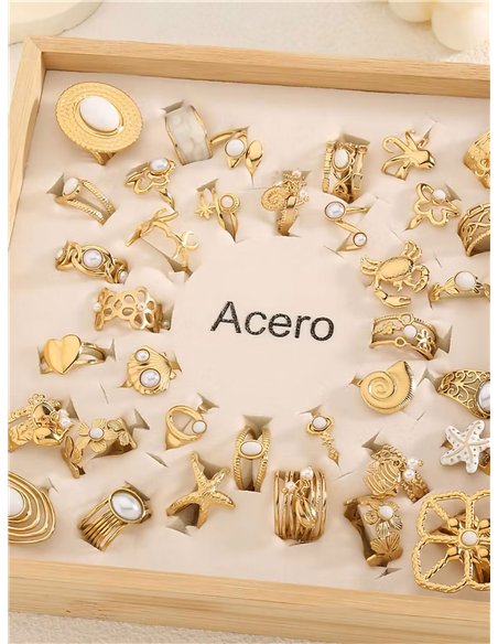 Conjunto 36 anillos efecto piedra - Acero inoxidable - Expositor incluido