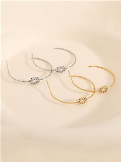 Pendientes aro detalle ovalado con circonitas - Acero inoxidable