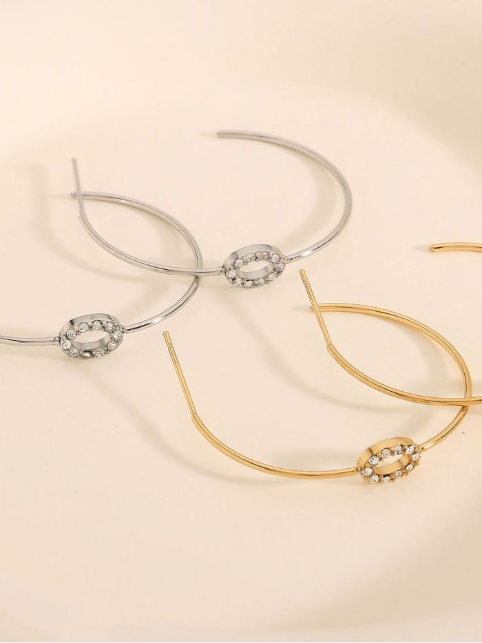 Pendientes aro detalle ovalado con circonitas - Acero inoxidable