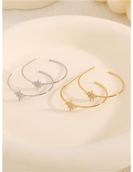 Pendientes aro detalle estrella con circonitas - Acero inoxidable