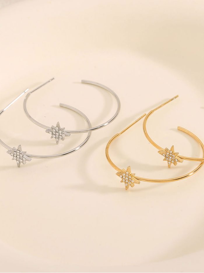 Pendientes aro detalle estrella con circonitas - Acero inoxidable