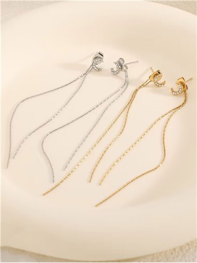 Pendientes cadenas largas lunas con circonitas - Acero inoxidable
