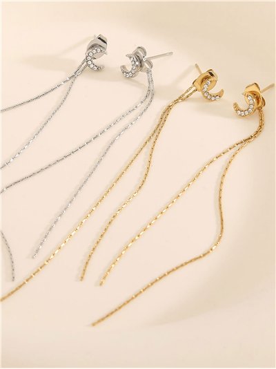 Pendientes cadenas largas lunas con circonitas - Acero inoxidable 2
