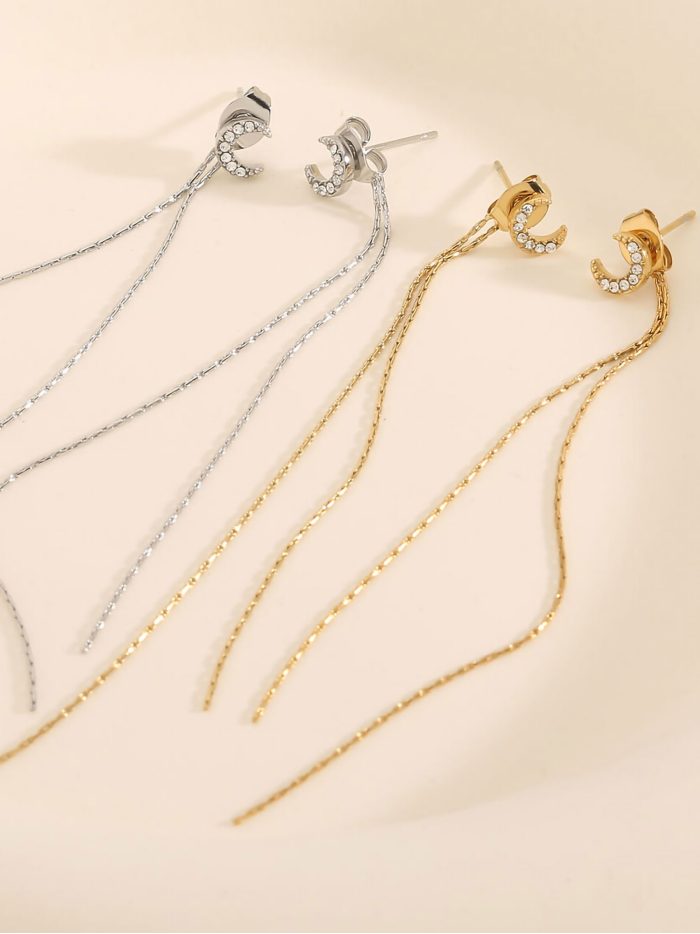 Boucles d'oreilles chaînes longues lunes avec zircones - Acier inoxydable