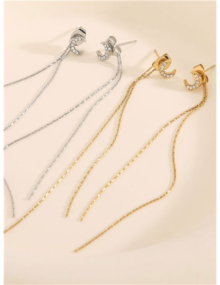 Pendientes cadenas largas lunas con circonitas - Acero inoxidable