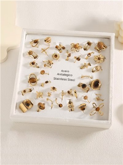 Conjunto 36 anillos efecto piedra - Acero inoxidable - Expositor incluido