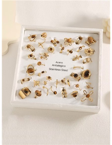 Conjunto 36 anillos efecto piedra - Acero inoxidable - Expositor incluido