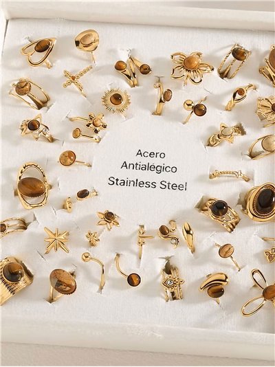 Conjunto 36 anillos efecto piedra - Acero inoxidable - Expositor incluido 2
