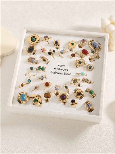 Conjunto 36 anillos efecto piedra - Acero inoxidable - Expositor incluido
