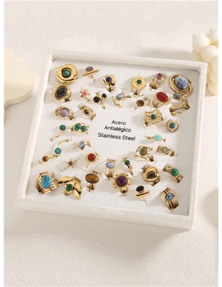 Conjunto 36 anillos efecto piedra - Acero inoxidable - Expositor incluido