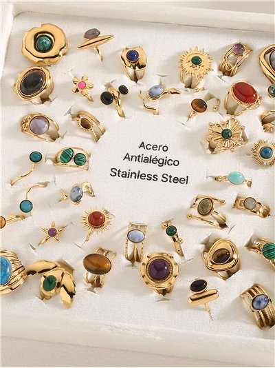 Conjunto 36 anillos efecto piedra - Acero inoxidable - Expositor incluido 2