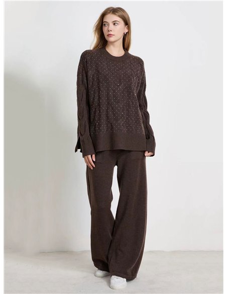 Conjunto Jersey amplio trenzado strass + Pantalón