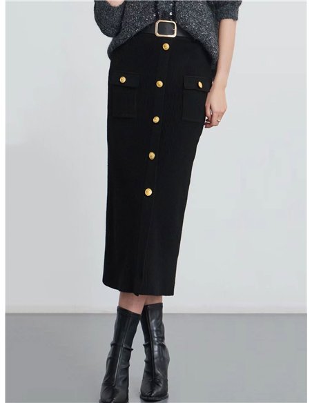 Falda midi con botones dorados