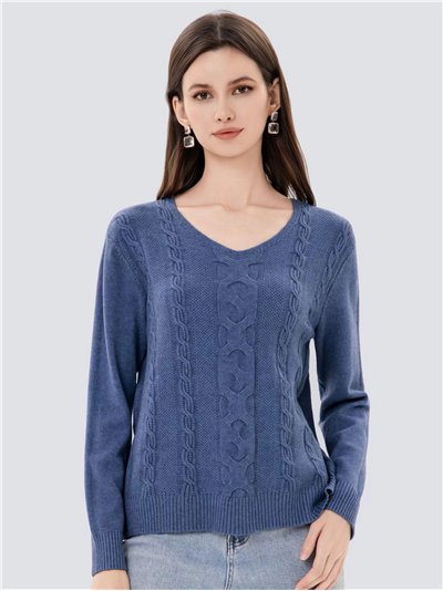 Textured cable knit V-neck sweater