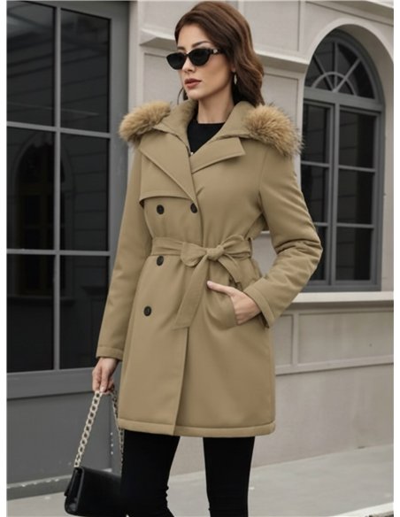 Trench acolchado botones capucha con pelo