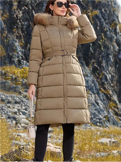 Anorak largo cinturón capucha con pelo