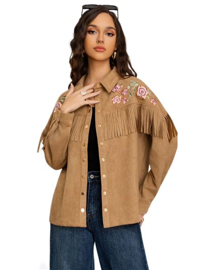 Chaqueta floral efecto ante flecos