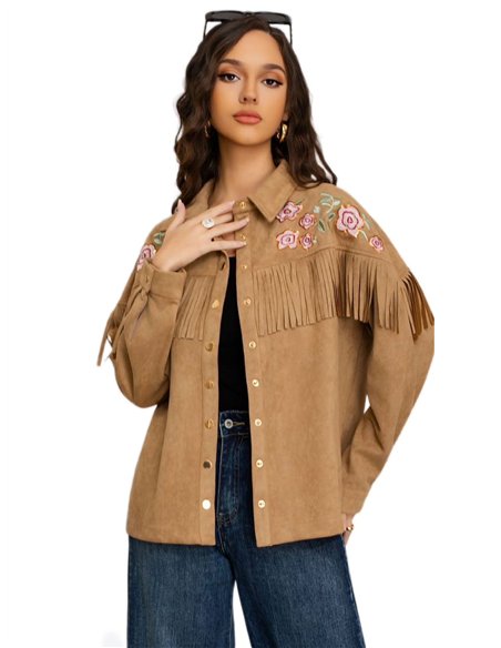 Chaqueta floral efecto ante flecos