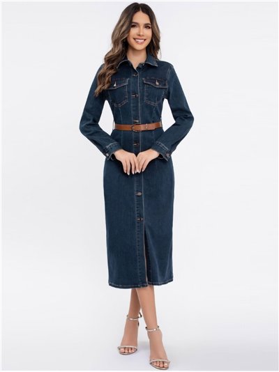 Vestido largo denim cinturón