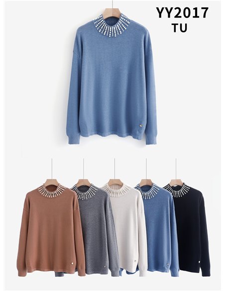 Jersey con cuello joya de perlas